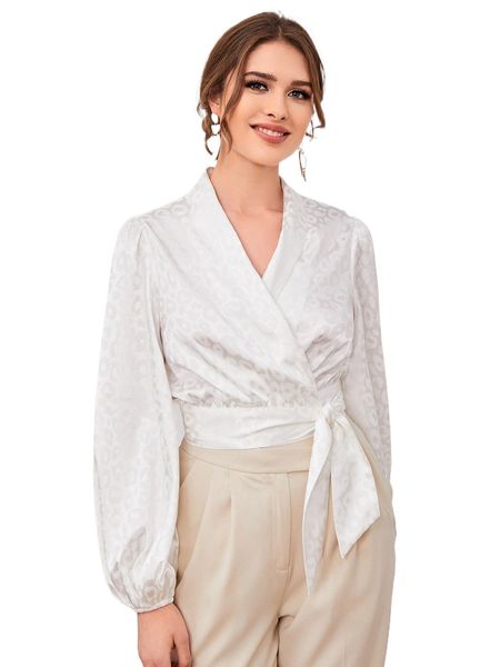 

leopard print tie side wrap blouse o5hc#, White