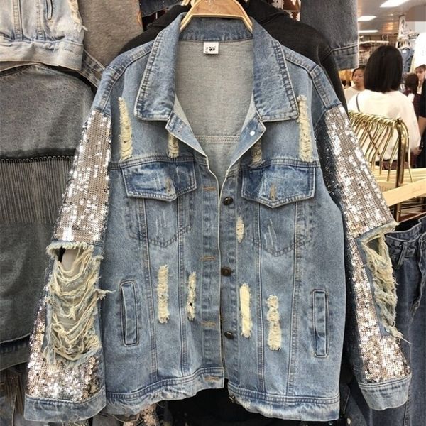 

streetwear woman coat denim european style sequin jacket female spring autumn jeans clothes bling 220815, Black;brown