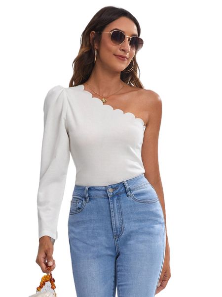

one shoulder scallop edge tee j7df#, White