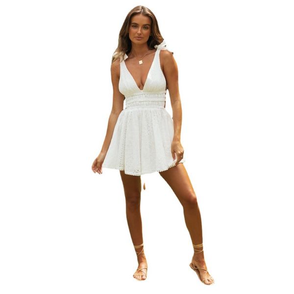 

casual dresses ardm v neck hollow out sleeveless lace a-line summer mini dress women party backless up white spaghetti vestidos, Black;gray