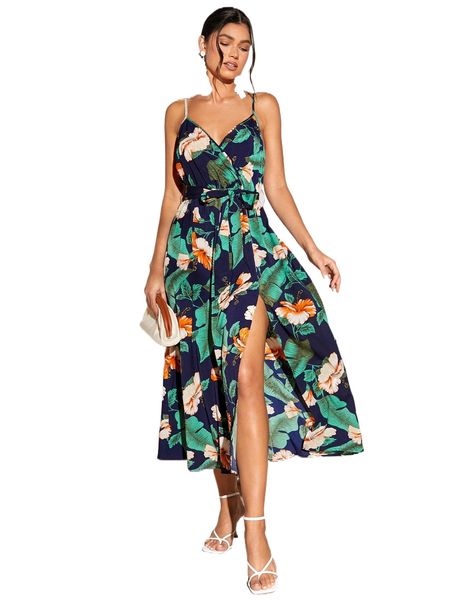 

tropical print split thigh belted cami dress k7dx#, Black;gray