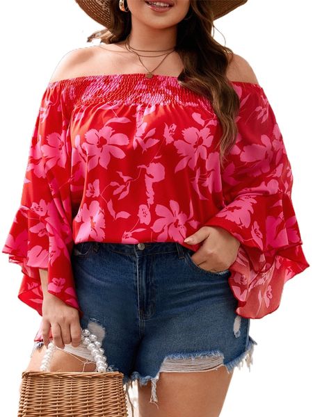 

plus floral print off shoulder shirred flounce sleeve blouse j9kc#, Black