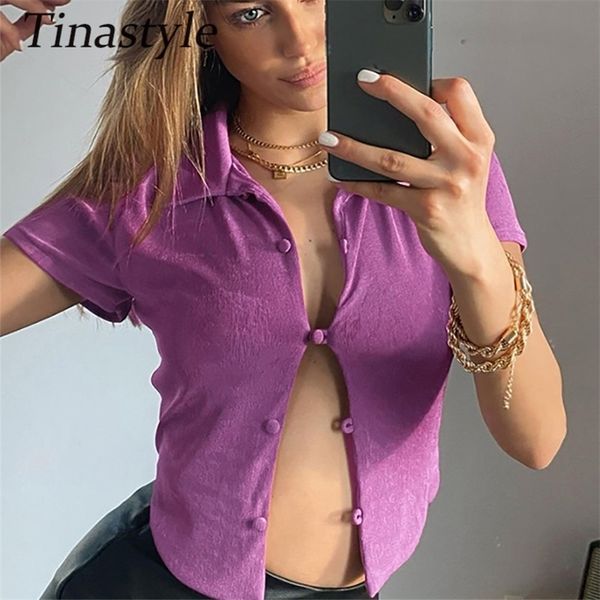 

tinastyle turn down collar buttons casual t shirt women blue short sleeve summer crop girls y2k streetwear 220627, White