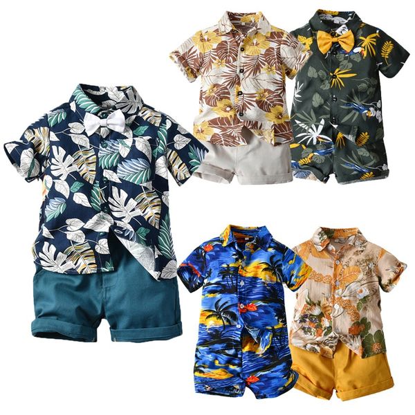 1–7 Jahre Kleinkind-Baby-Jungen-Shorts-Sets, Hawaii-Outfit, Kleinkind-Kid Leave Floral Kurzarm-Shirt-Top + kurze Anzüge 5579 Q2