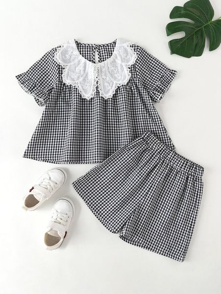 

girls gingham flounce sleeve eyelet embroidered & shorts she, White