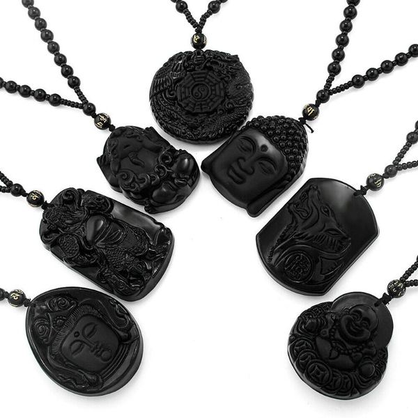 Colares pendentes Obsidianas de obsidiana Natural Colar artesanal Buddha Jóias de amuleto Lucky