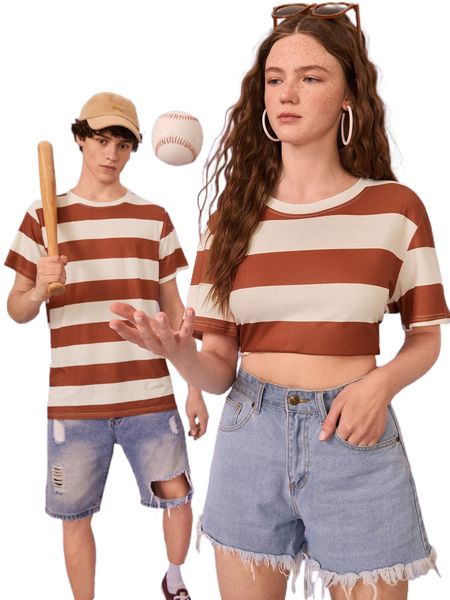 

1pc striped print tee k9lt#, White;black