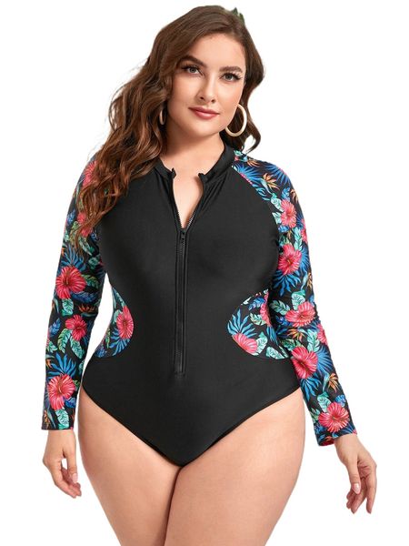 

plus tropical print raglan sleeve zip front one piece swimsuit u7hy#, White;black