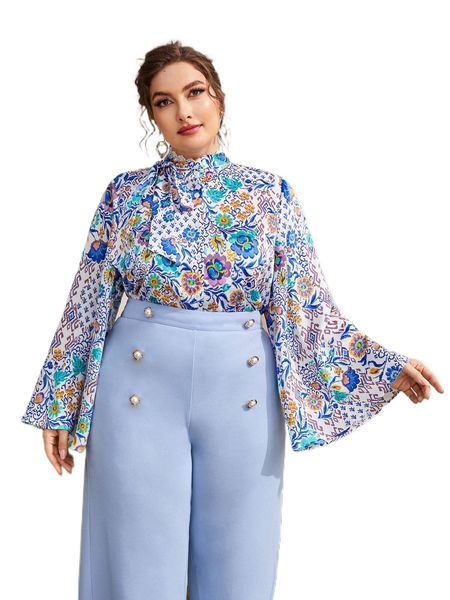 

plus tie neck allover print flounce sleeve l2wl#, Black