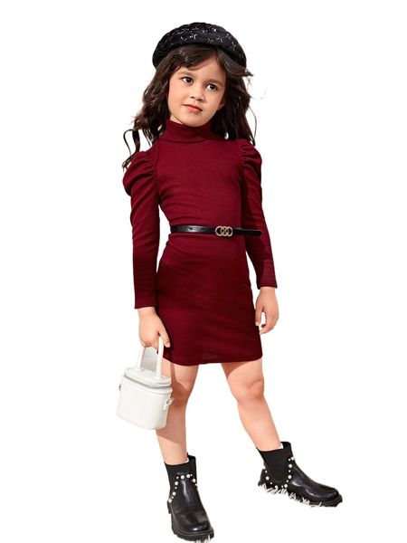 

toddler girls turtleneck puff sleeve dress without belt y5d0#, Black;white