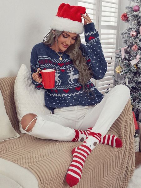 

letter graphic and deer pattern drop shoulder sweater d3on#, White;black