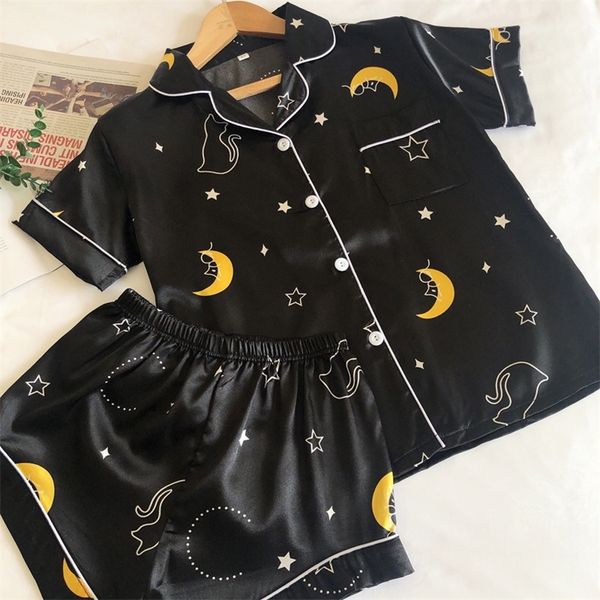 Seidenpyjamas für Frauen Pyjama Satin Femme Night Star Moon Print Pijamas Set Shorts und Top Female Damen Home Suit Nachtwäsche 220321