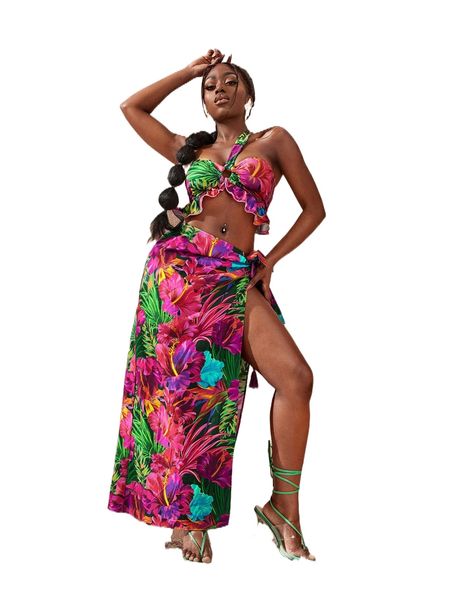 

sxy tropical print tassel tie high split skirt g59d#, Black