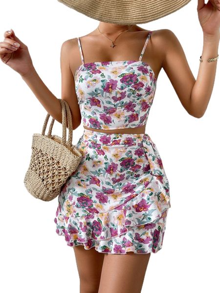 

floral print cami & knot side ruffle trim skirt s0be#, White