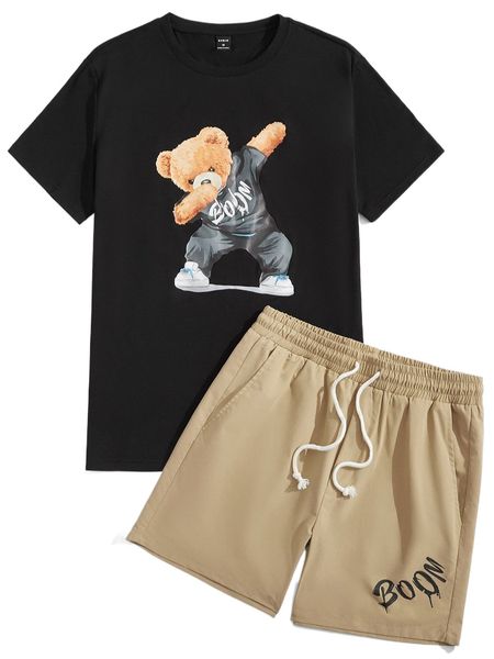 

men cartoon bear print tee & letter graphic drawstring waist shorts u6sh#, Gray