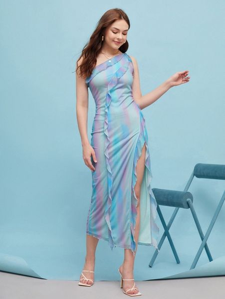 

x amiko one shoulder tie dye split thigh dress l8ft#, Black;gray