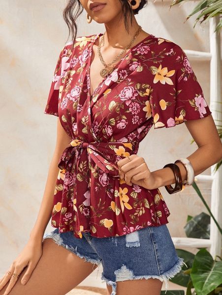 

floral print flutter sleeve overlap collar belted blouse e7vl#, White