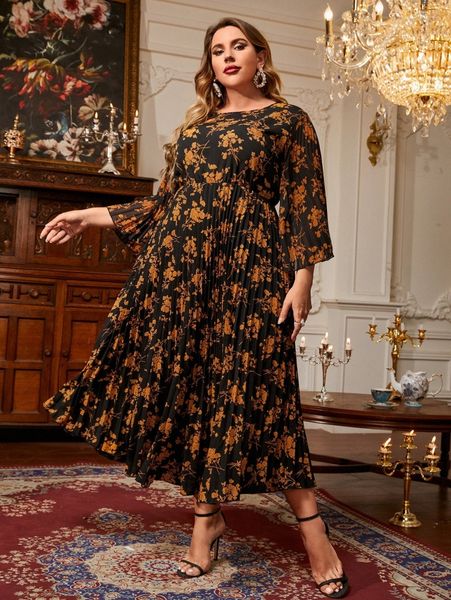 

plus floral print flounce sleeve pleated dress 83lb#, Black