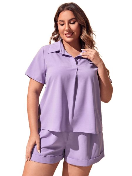 

plus solid button front & shorts c9ks#, Black