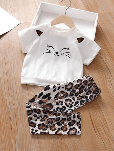 

toddler girls cartoon embroidery raglan sleeve tee & leopard leggings she, White
