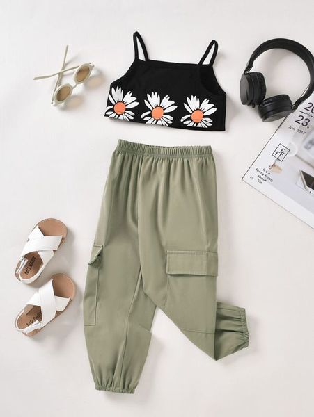 

toddler girls floral print cami & flap pocket cargo pants she, White