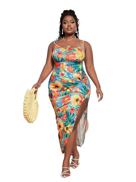

sxy plus tropical print split thigh dress o17z#, Black