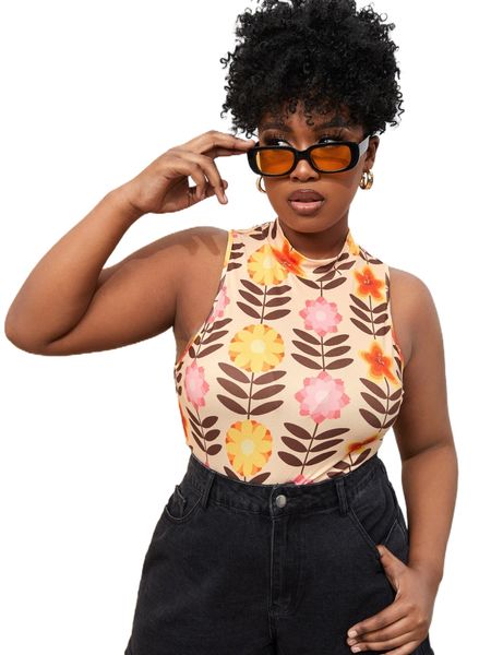 

x kymmadoodles plus floral print mock neck tank o9xt#, Black