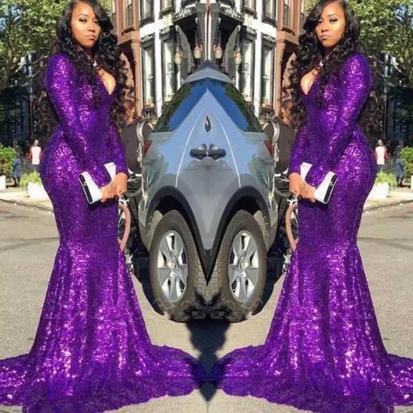 

2022 purple prom dresses mermaid deep v neck long sleeves sparkly sequins custom made evening formal gowns formal occasion wear vestidos, Black