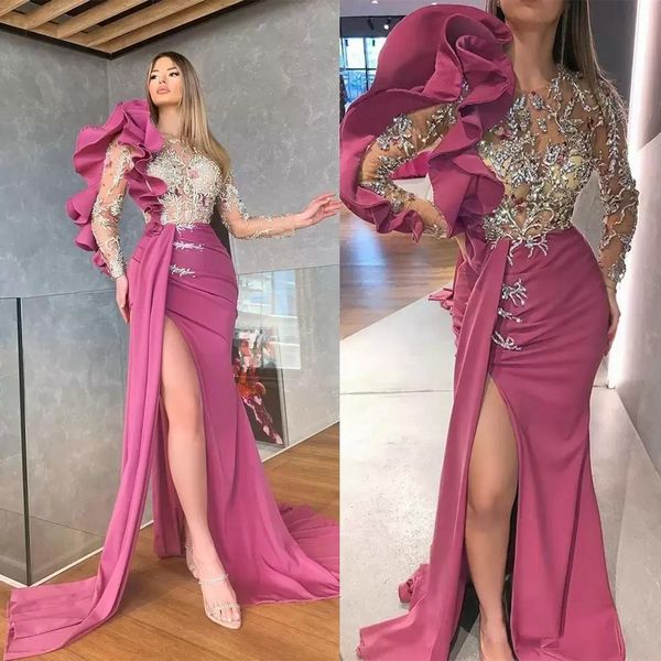 2022 Fuchsia Ballkleider mit langen Ärmeln Illusion Tüll Sweep Zug Spitze Applikation Meerjungfrau High Split Maßgeschneiderte Plus Size Abendgesellschaft Ballkleider Vestido 322