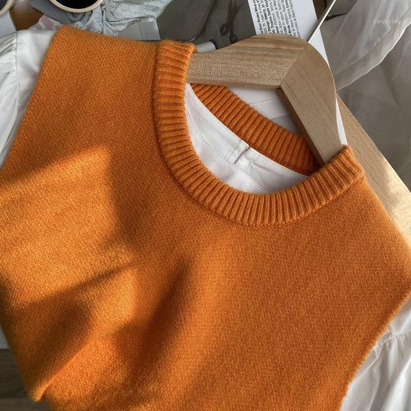 Damenwesten 2022 Frühling orange gestrickte Weste ärmellose lose Pullover koreanische beiläufige Frauenoberteile