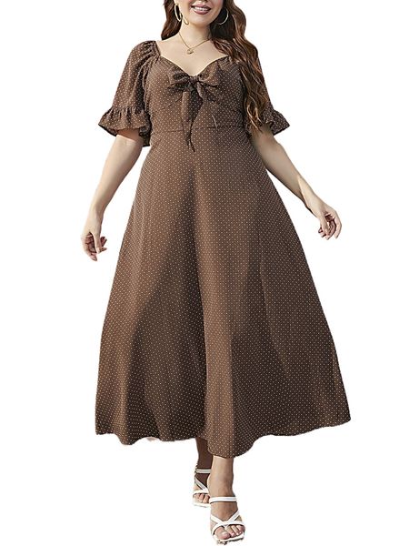 

plus polka dot flounce sleeve knot front a-line dress e8if#, Black