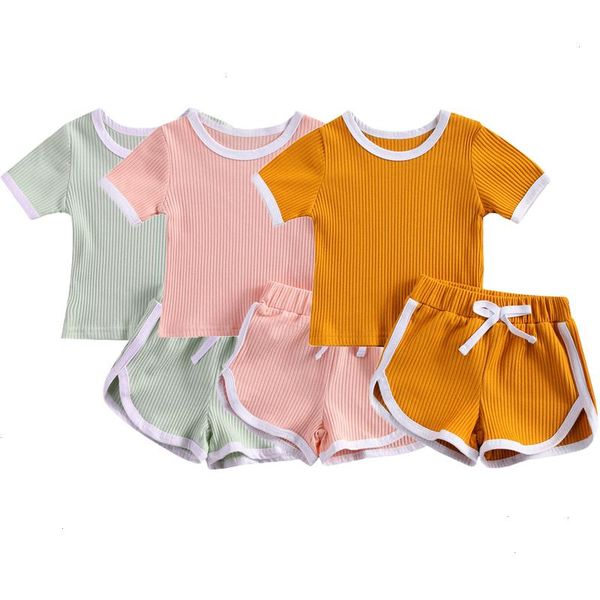 

6m-3years lovely infant kids girls clothes sets 0-3y solid knit short sleeve pullover t shirts shorts 2pcs, White