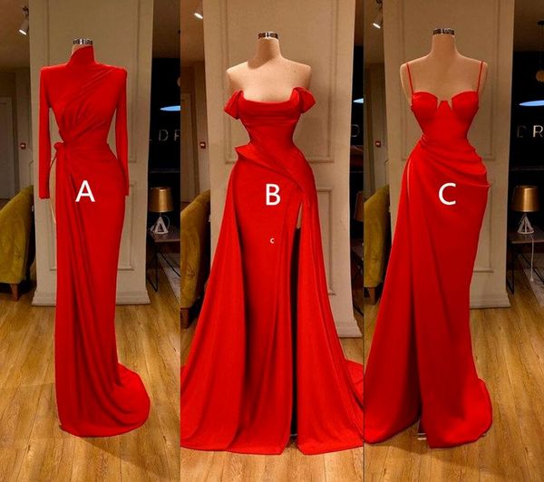 Sexy arabisches 3-Stil-rotes Meerjungfrau-Abschlussballkleid, Stehkragen, lange Ärmel, Abendkleid, High Side Split, formelles Party-Brautjungfernkleid PRO232