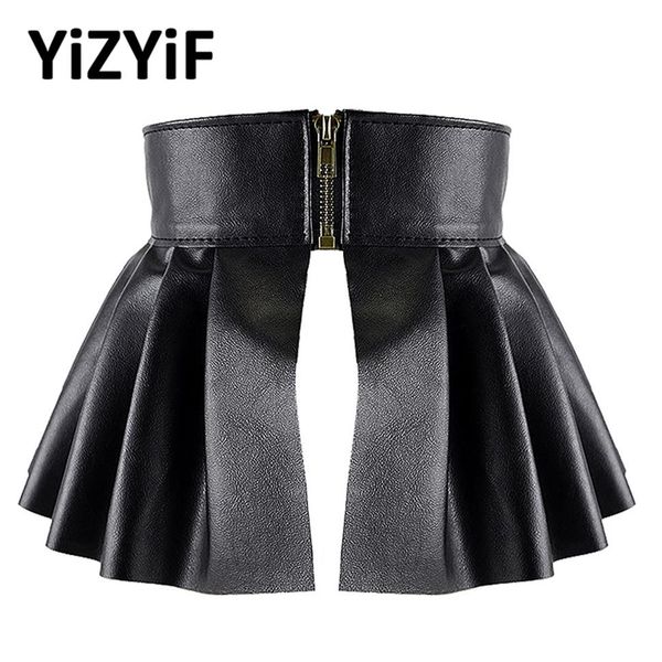 

pleated skirts belts garters wide belts for women pu leather elastic waistband elegant lotus leaf high waist belt girdle female221v, Black;brown