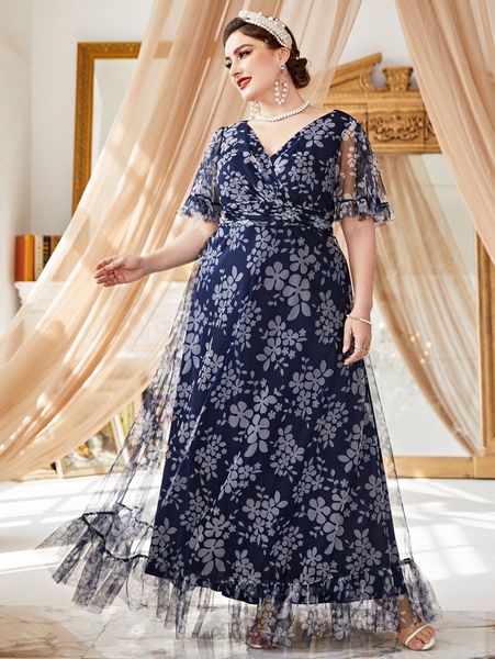 

plus floral mesh ruffle hem maxi dress c9ck#, Black