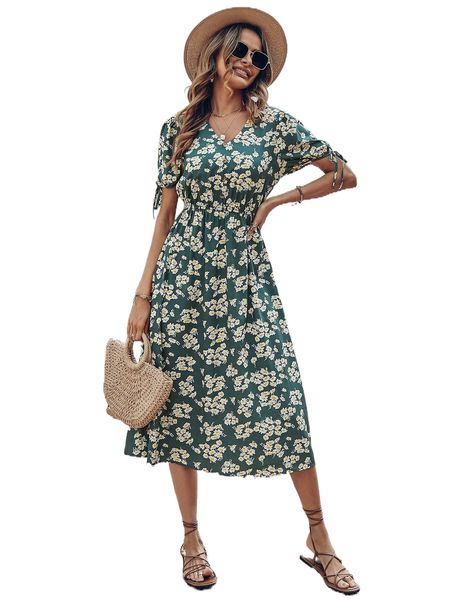 

allover floral print knot cuff fake button dress n6zz#, Black;gray