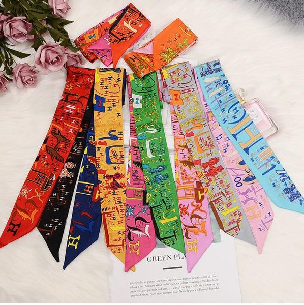 

spring and summer new silk scarves women's printing twill bagging handle small ribbon bag with hair band scarf, Blue;gray