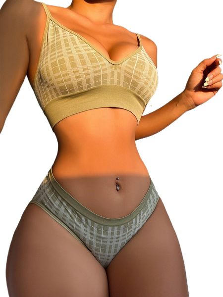 

plaid print bra & panty set x62x#, Black;red