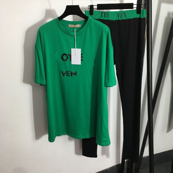 

designers womens t-shirts tracksuits two pieces pants women summer sports wear t shirts sequin embroidered letters cotton short sleeve t-shi, White