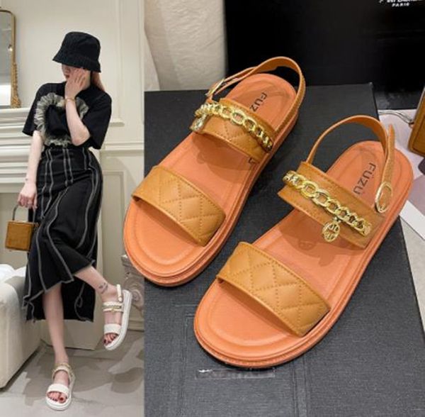 

summer flat sandals chain buckle women's beach shoes student flat sandals, Black