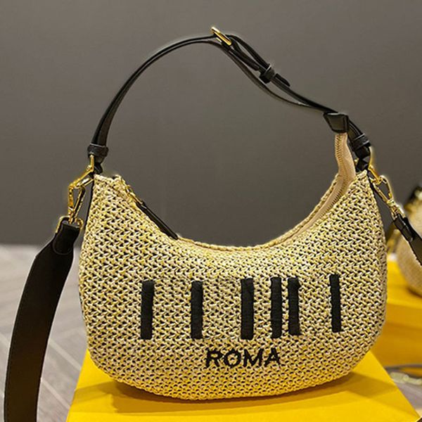 

straw axillary bag half moon beach bags hollow out crossbody bag embroidery letter zipper hardware chains strap wristlet wallet adjustable b