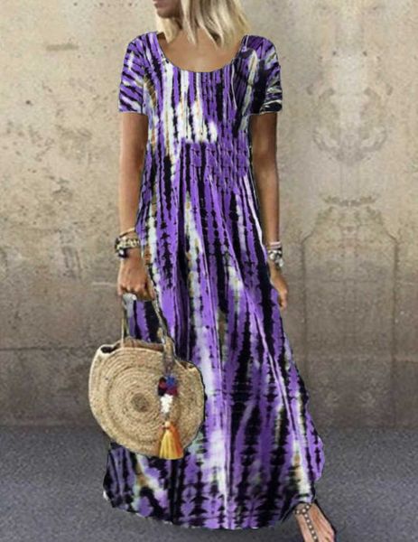 

vintage tie-dye print long dress women summer elegant short sleeve beach boho dresses casual party loose linen cotton dress vestidos largos, Black;gray
