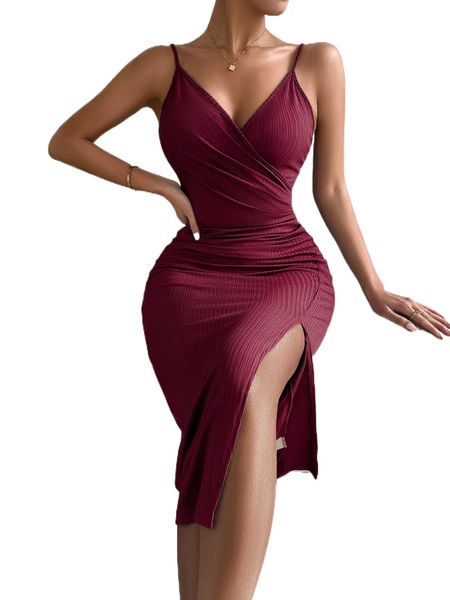 

ruched split thigh cami dress v747#, Black;gray