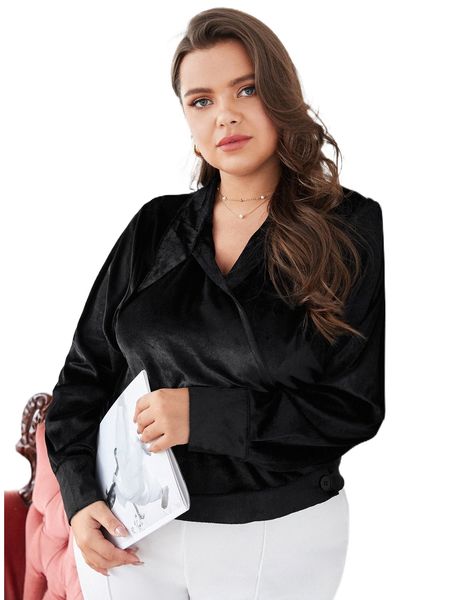 

plus button side velvet blouse w38x#, Black