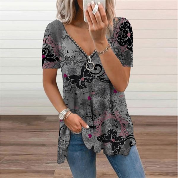 

zipper ladies t-shirt oversized print short sleeve v-neck tee summer womens clothing casual loose pullover tunic 220321, White