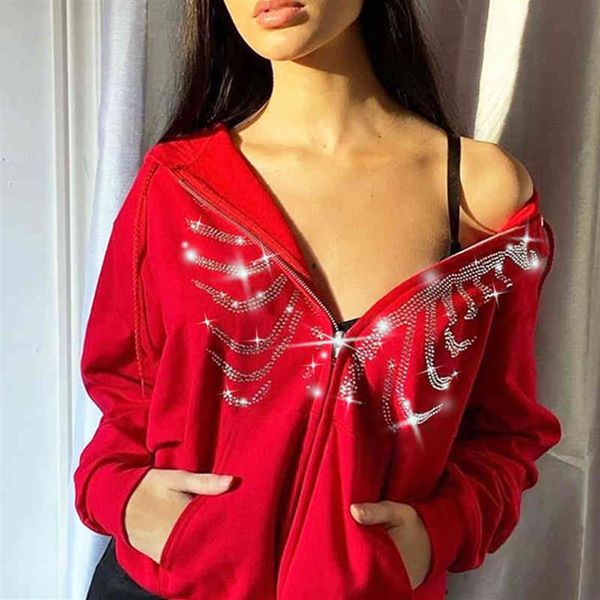 

y2k rhinestone hoodies women skeleton gothic red zip up oversized sweatshirt punk skull harajuku coat jacket streetwear 225r, White;black