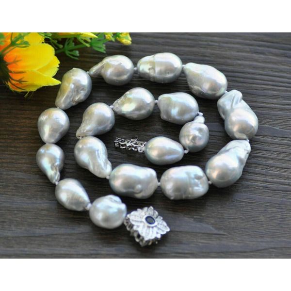 

17&quot 15-25mm gray baroque keshi pearl necklace sapphire clasp, Silver
