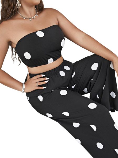 

plus polka dot print tube & wide leg pants r5pm#, Black