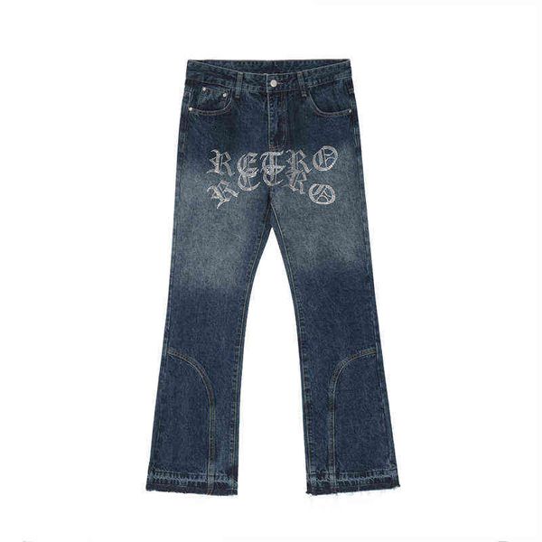 Pantaloni di jeans lavati di colore sfumato di strass con ricamo a lettera di strass Pantaloni di jeans larghi strappati casuali dritti da uomo T220803