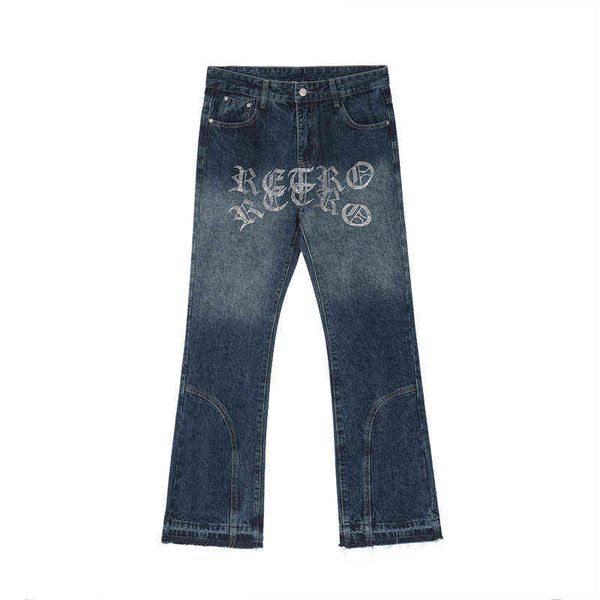 

rhinestone letter embroidery gradient color washed jeans pants mens drill straight casual ripped baggy denim trousers t220803, Blue